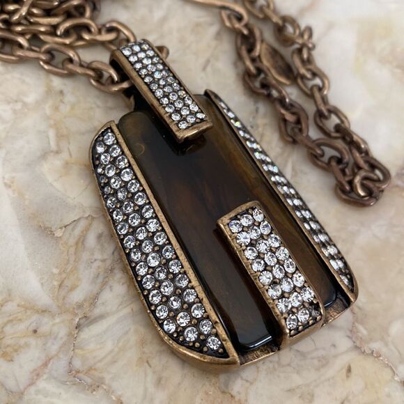 Ann Taylor Chunky Bronze Rhinestone Pendant Necklace 30” - Picture 4 of 8